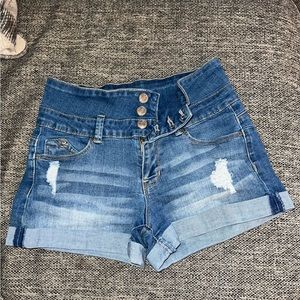 Mid rise distressed curvy jean shorts